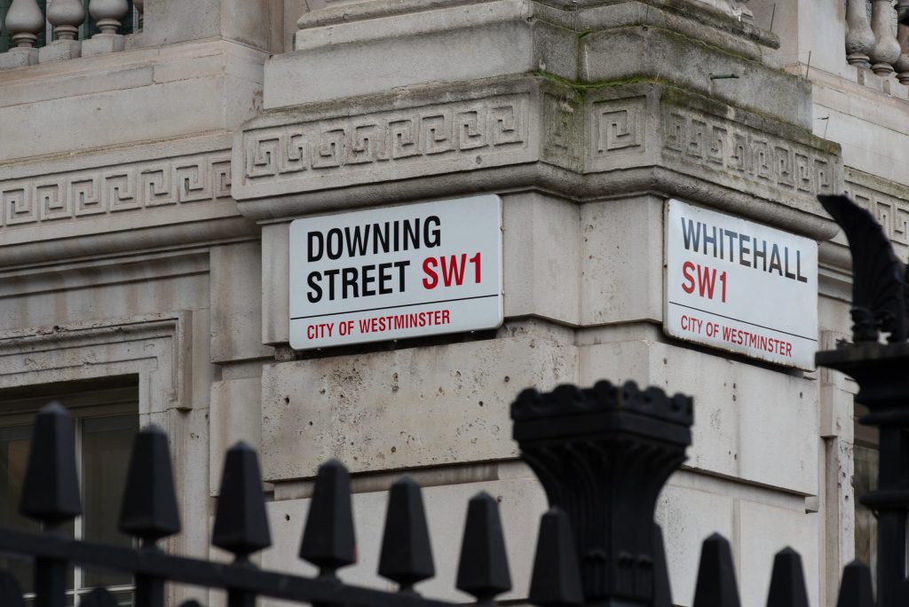 Whitehall,And,Downing,Street,Signs.,London.,Whitehall,Is,The,Centre